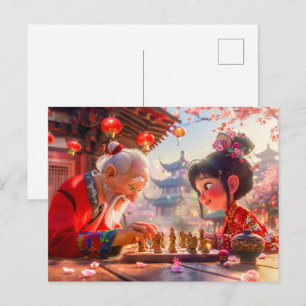 Girl and Grandpa Playing Modern Chess Holiday Postcard