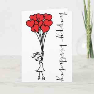 Girl and Heart Balloons Doodle Happy Birthday Card