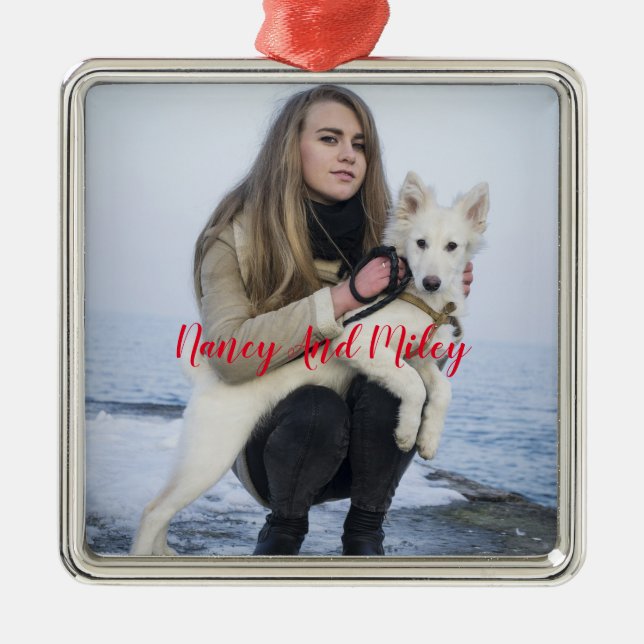 Girl And Her Dog Custom Photo Metal Ornament (Front)