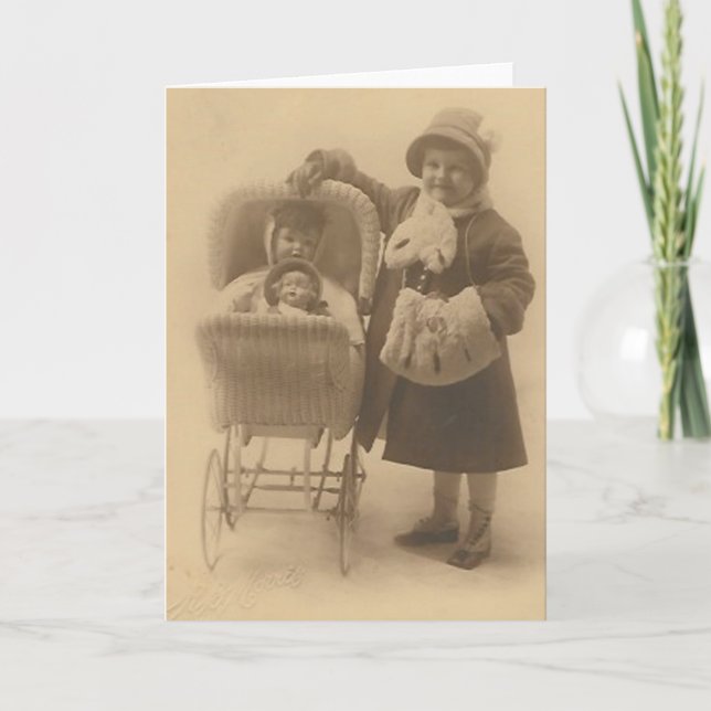 girl and her doll in carriage greeting card (Front)