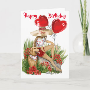 Girl and her Labrador with Heart Balloons Birthday Card