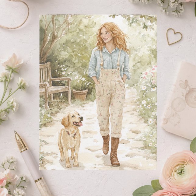 Girl and her Puppy Stroll through Spring Garden Holiday Postcard (Creator Uploaded)