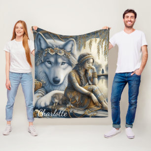 Girl and her wolf share a moment fleece blanket