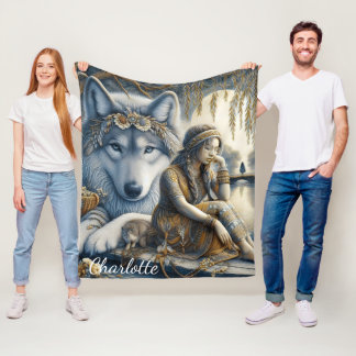Girl and her wolf share a moment fleece blanket
