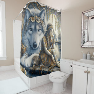 Girl and her wolf share a moment shower curtain