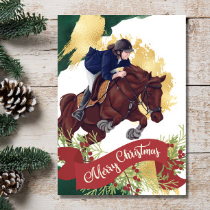 Girl and Horse Jumping Colourful Merry Christmas Holiday Card