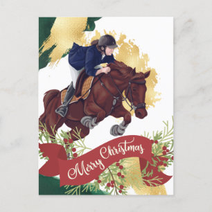 Girl and Horse Jumping Colourful Merry Christmas Postcard