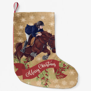 Girl and Horse Jumping Merry Christmas Golden Small Christmas Stocking