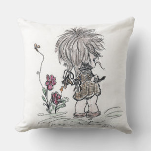 Girl and Kitten Animated Hand Drawing Cushion