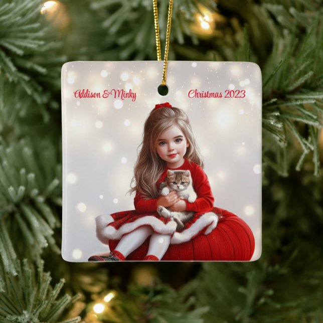 Girl and Kitty Personalised Christmas Ceramic Ornament (Tree)