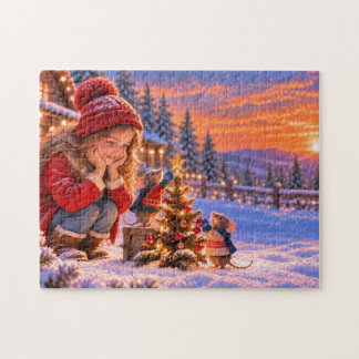 Girl and Mice Decorating a Christmas Tree Jigsaw Puzzle