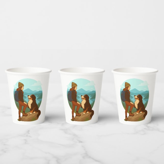 Girl and Mountain Dog Adventure Illustration Paper Cups (Multi)