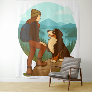 Girl and Mountain Dog Adventure Illustration Tapestry