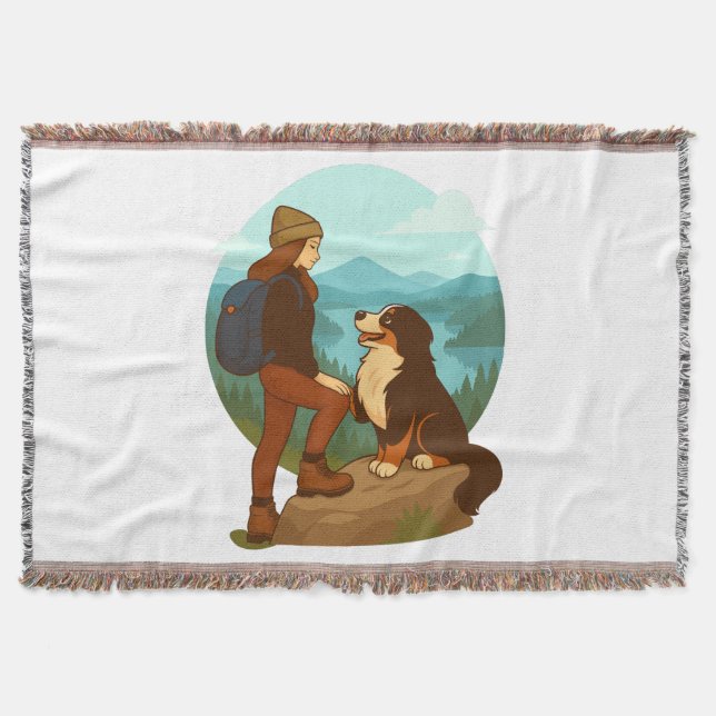 Girl and Mountain Dog Adventure Illustration Throw Blanket (Front)