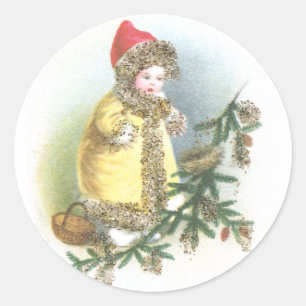 Girl and Nest Vintage Christmas Classic Round Sticker