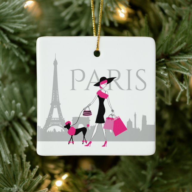 Girl and Poodle in Paris Eiffel Tower Christmas Ceramic Ornament (Tree)