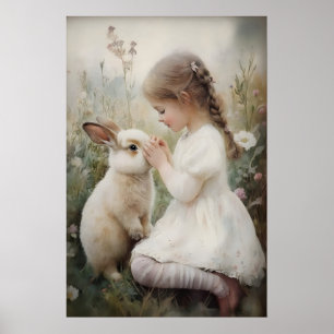Girl And Rabbit Bunny Print, Easter Bunny Village Poster