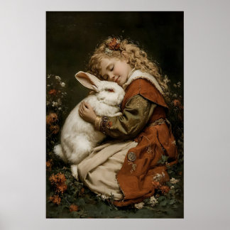 Girl And Rabbit Print, Antique Bunny Printable Poster
