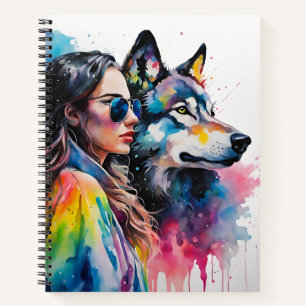 Girl and rainbow Wolf Notebook