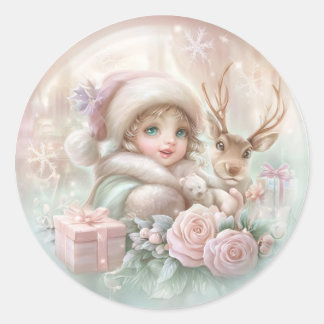 Girl and Reindeer Classic Round Sticker