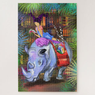 Girl and Rhino - Library In the Jungle - Fantasy Jigsaw Puzzle