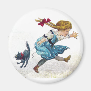 Girl and Scared Cat Run From Jack O'Lantern Magnet