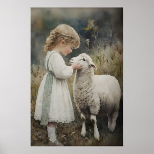 Girl And Sheep Print, Easter Lamb Village Poster