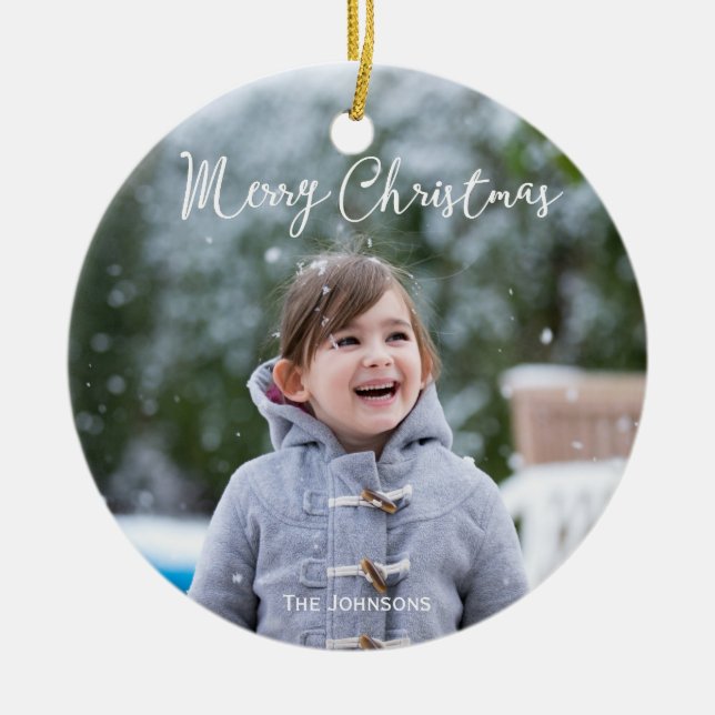 Girl And Snow Photo Merry Christmas Tree Ornament (Front)