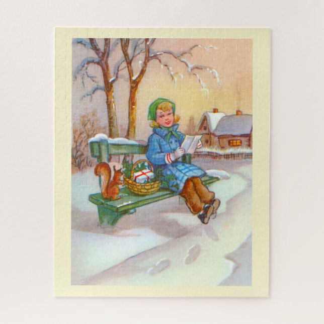 Girl and squirrel snow scene jigsaw puzzle (Vertical)