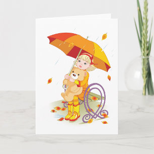 Girl And Teddy Bear In The Rain Greeting Cards