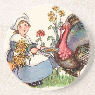 girl and turkey, vintage thanksgiving coaster