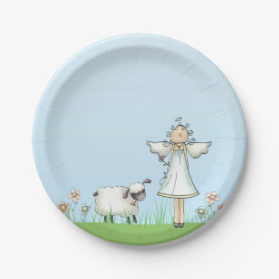 Girl Angel and Lamb, Blue, Religious Paper Plate