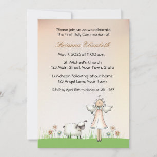 Girl Angel and Lamb First Communion Invitation