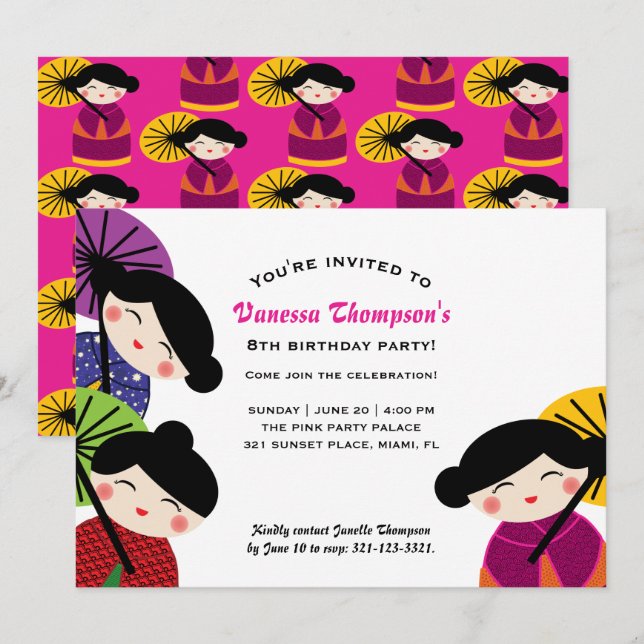 girl ANY AGE cute KOKESHI DOLL BIRTHDAY party Invitation (Front/Back)
