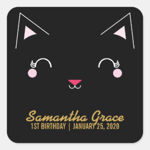 girl ANY AGE kitty CAT BIRTHDAY party black Square Sticker