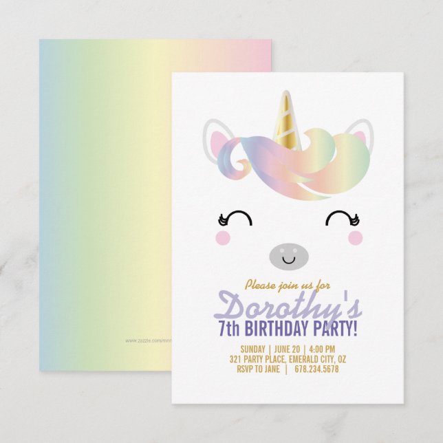 girl ANY AGE rainbow UNICORN BIRTHDAY party Invitation (Front/Back)