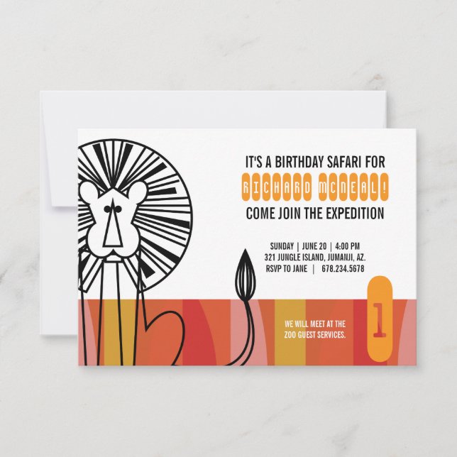 girl ANY AGE retro lion SAFARI BIRTHDAY party Invitation (Front)