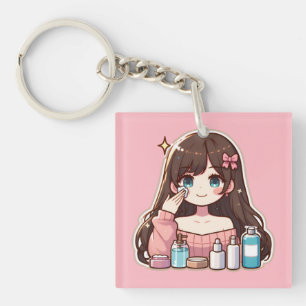 Girl applying skincare cute anime art key ring