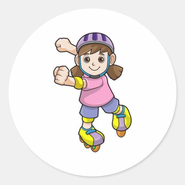 Girl as Skater with Skates & Helmet Classic Round Sticker (Front)