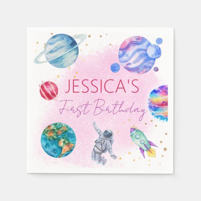 Girl Astronaut Gold Pink Rocket Ship Planet Napkin (Front)