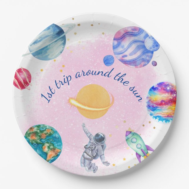 Girl Astronaut Gold Pink Rocket Ship Planet Paper Plate (Front)