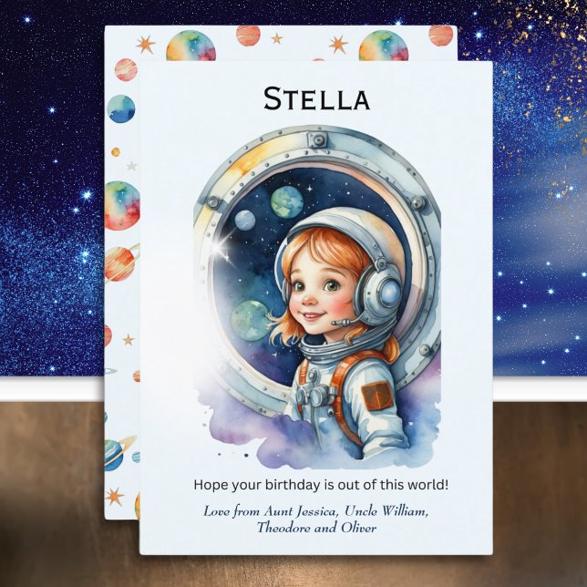 Girl Astronaut in Space Rocket Birthday Card (A personalized birthday card with illustration of a girl astronaut in her space rocket)