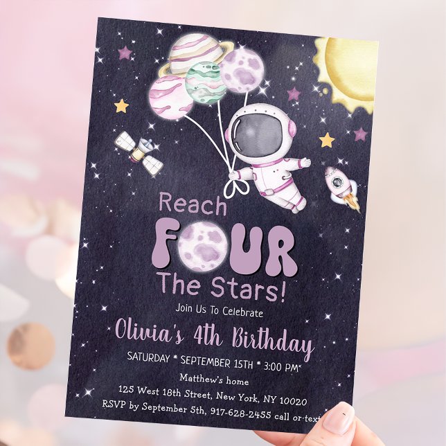 Girl Astronaut Outer Space Fourth Birthday Party Invitation (Creator Uploaded)
