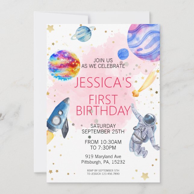 Girl Astronaut Outer Space Rocket Ship Planet  Invitation (Front)