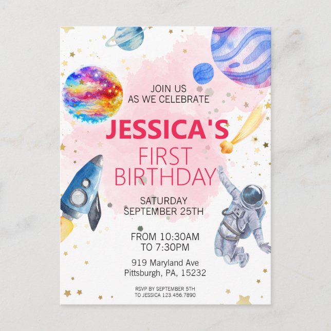 Girl Astronaut Outer Space Rocket Ship Planet  Postcard (Front)