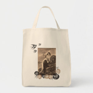 Girl at Seashore with Shells grocery tote bag