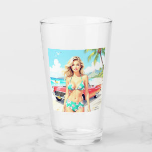 Girl at the beach with a classic car glass