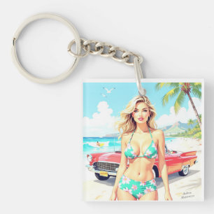 Girl at the beach with a classic car key ring