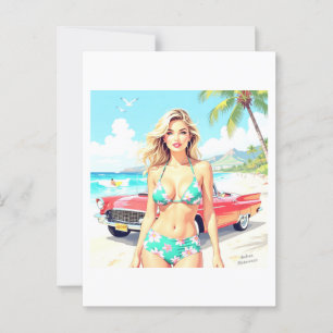 Girl at the beach with a classic car postcard