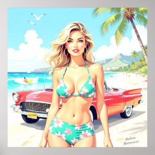 Girl at the beach with a classic car poster